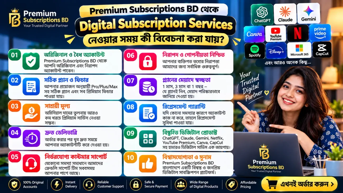 Premium Subscriptions BD থেকে Digital Subscription Services নেওয়ার সময় কী বিবেচনা করা যায়